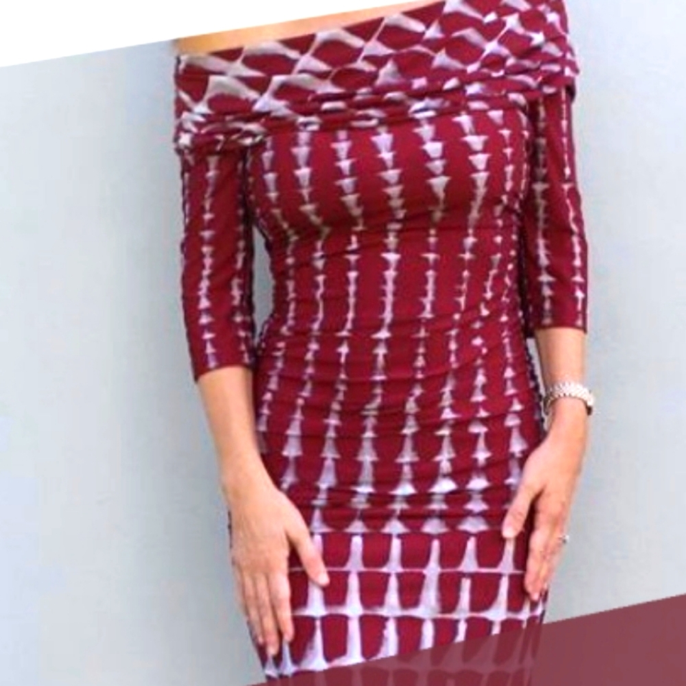BCBG Mirah xs dress off shoulder burgundy gray